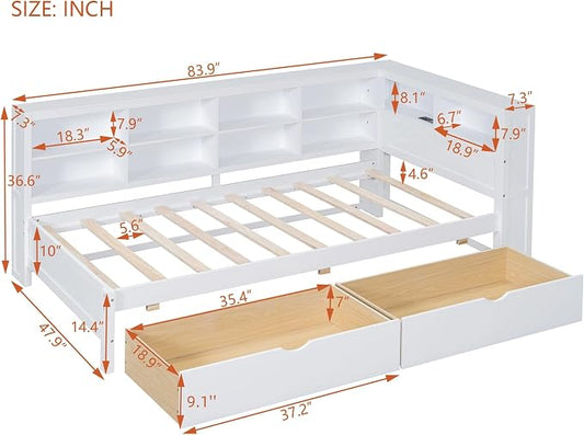 Bellemave Twin Corner Bed Frame, Wood Twin Size Daybed with L-Shaped Bookcase and 2 Drawers，Daybed with Storage Cabinets, White