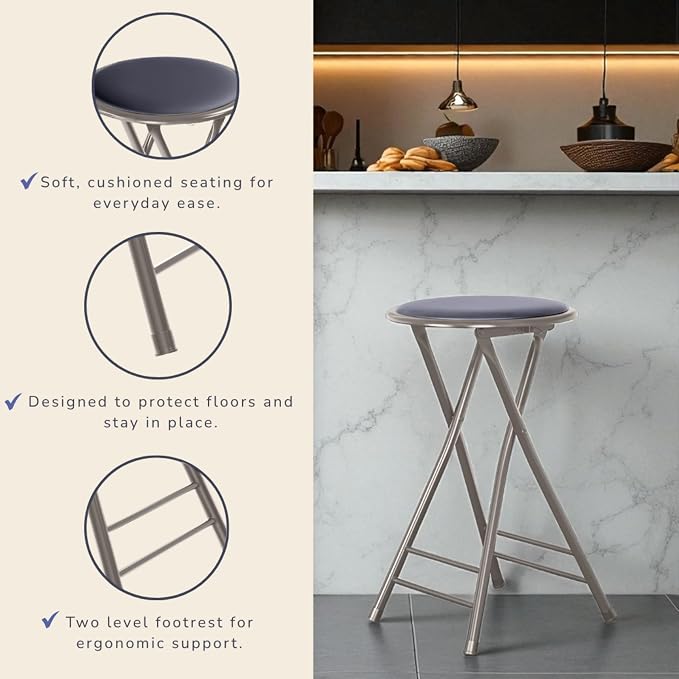 Lavish Home Folding Stool - Set of 4 Counter Height Bar Stools | 24-Inch Backless Folding Chairs with 225lb Capacity for Kitchen, Rec Room, or Game Room (Gray)