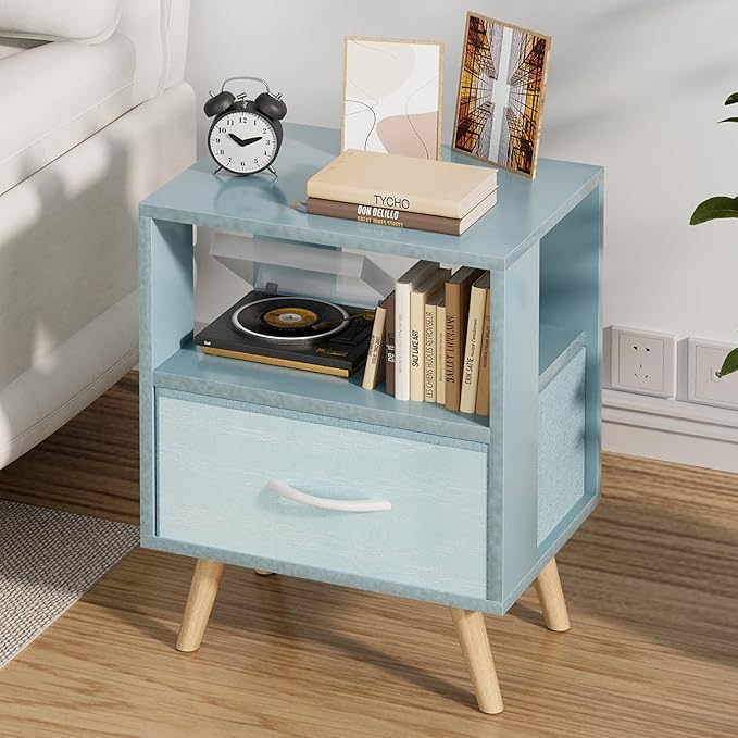 Aenuert Night Stand, Blue Kids Nightstand with Drawer, Nursery Side Table with Open Storage, 2-Tier Modern End Table, Bedside Table for Small Space, Living Room, Bedroom