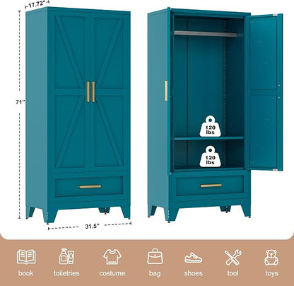 LCAOPC 71" Tall Metal Wardrobe Cabinet with Drawer and Hanging Rod, 2 Doors Armoire Wardrobe Closet with Shelf for Bedroom, Office, Laundry Room, Blue