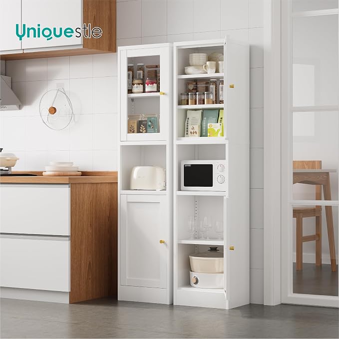 67" Tall Narrow Storage Cabinet with Glass Door and Open Shelf,Metal Pantry Cabinet with Adjustable Shelves,Shaker Style Slim Cabinet for Bathroom Kitchen Small Spaces, White, 1Pc