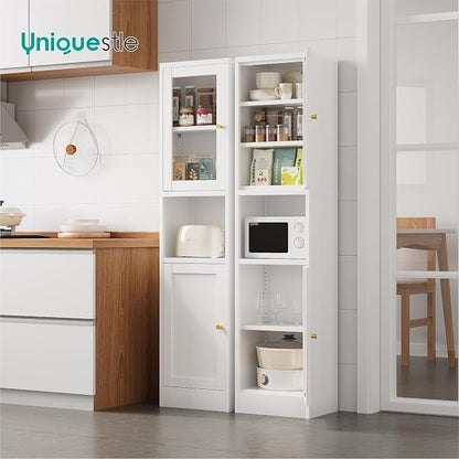 67" Tall Narrow Storage Cabinet with Glass Door and Open Shelf,Metal Pantry Cabinet with Adjustable Shelves,Shaker Style Slim Cabinet for Bathroom Kitchen Small Spaces, White, 1Pc