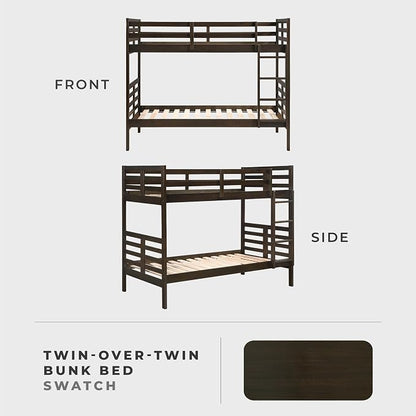 Lexicon Bunk Bed Twin Over Twin, Wooden Bed Frame with Sturdy Ladder and Safety Guard Rails, Modern Space-Saving Design, for Bedroom/Guest Room, No Box Spring Needed, Dark Brown