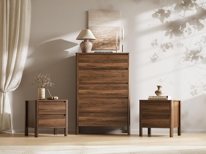 MAISONARIA Walnut 3-Piece Dresser Bedroom Set, 5 Drawers Dresser & 2 Drawer Nightstands with Hidden Handles, Wood Chest of Drawers for Bedroom, Living Room, Entryway