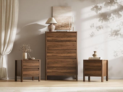 MAISONARIA Walnut 3-Piece Dresser Bedroom Set, 5 Drawers Dresser & 2 Drawer Nightstands with Hidden Handles, Wood Chest of Drawers for Bedroom, Living Room, Entryway