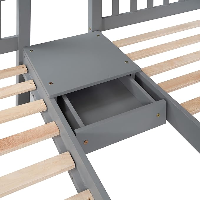 Wood Triple Bed Bunk Bed with 2 Storage Drawers, 3-in 1 Full Over Twin & Twin Bunk Bed Frame with Built-in Middle Drawer, Guardrail Ladder for Kids Teens Adults, Maximized Space Design (Grey1-full)