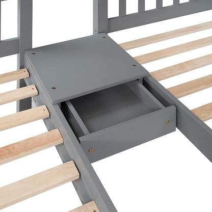 Wood Triple Bed Bunk Bed with 2 Storage Drawers, 3-in 1 Full Over Twin & Twin Bunk Bed Frame with Built-in Middle Drawer, Guardrail Ladder for Kids Teens Adults, Maximized Space Design (Grey1-full)