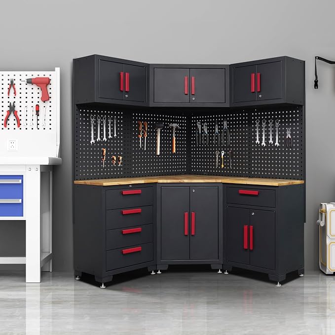 Corner Workshop Set,10-Pcs Garage Cabinets and Storage System with Corner Cabinet, Cabinet Drawers, Workbench, Pegboard for Tool Organization, Red and Black