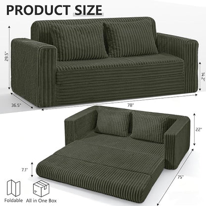 HABUTWAY 78" Loveseat Boneless Couch, 4-in-1 Convertible Sofa Bed, Plush Fur Folding Futon Sofa Bed Couches with 2 Pillows for Living Room, High-Density Foam Support, No Assembly Required, Green