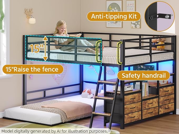 busyaeh Bunk Bed Full Over Twin,Low Bunk Bed with 8 Drawers & 4 Shelves & 15" H Safety Guardrail,bunk Bed with Desk & LED Lights and Charging Station,L-Shaped Bunk Beds with Stairs,Vintage Brown