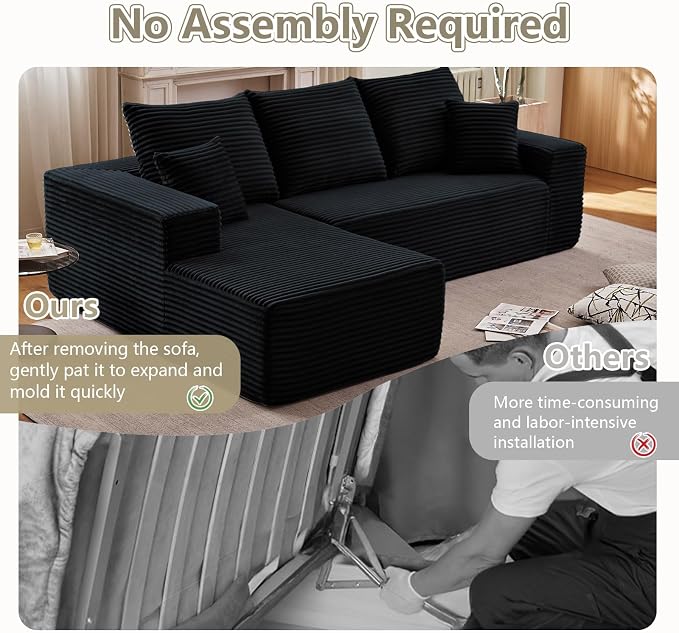 107" Cloud Sectional Couch with L-Shape Chaise, Modern Modular Comfy Sofa with Deep Seat, Upholstered Corduroy Couches Sleeper Chaise Longue for Living Room Bedroom, No Assembly Required, Black