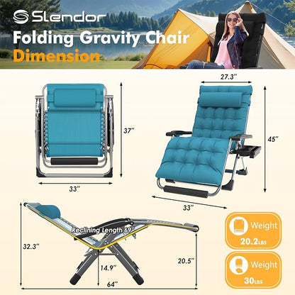 Slendor Oversized Zero Gravity Chairs XXL, 33IN Padded Zero Gravity Lounge Chair, Folding Reclining Patio Chair Lawn Recliner w/Aluminum Alloy Lock, Headrest, Cup Holder, Support 500lbs, Light Blue