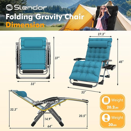 Slendor Oversized Zero Gravity Chairs XXL, 33IN Padded Zero Gravity Lounge Chair, Folding Reclining Patio Chair Lawn Recliner w/Aluminum Alloy Lock, Headrest, Cup Holder, Support 500lbs, Light Blue