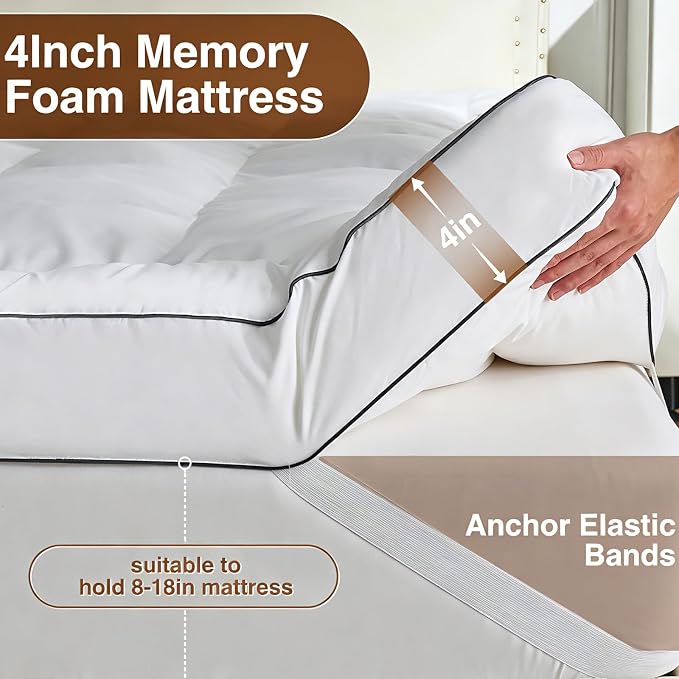 4 Inch Memory Foam Mattress Topper King for Back Pain Relief, Extra Soft Pillow Top Mattress Topper, 2000GSM Fluffy Shredded Memory Foam Filled