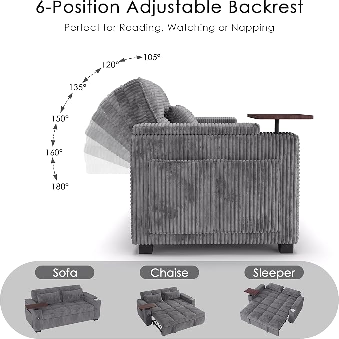 65'' Sleeper Sofa Bed, Pull Out Couch with 360° Swivel Side Table | USB Port | Cup Holder | Adjustable Backrest, Loveseat Corduroy Fabric for Living Room, Apartment, Office (Darkgray)