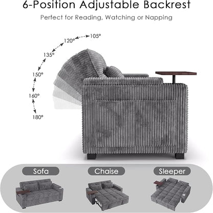 65'' Sleeper Sofa Bed, Pull Out Couch with 360° Swivel Side Table | USB Port | Cup Holder | Adjustable Backrest, Loveseat Corduroy Fabric for Living Room, Apartment, Office (Darkgray)