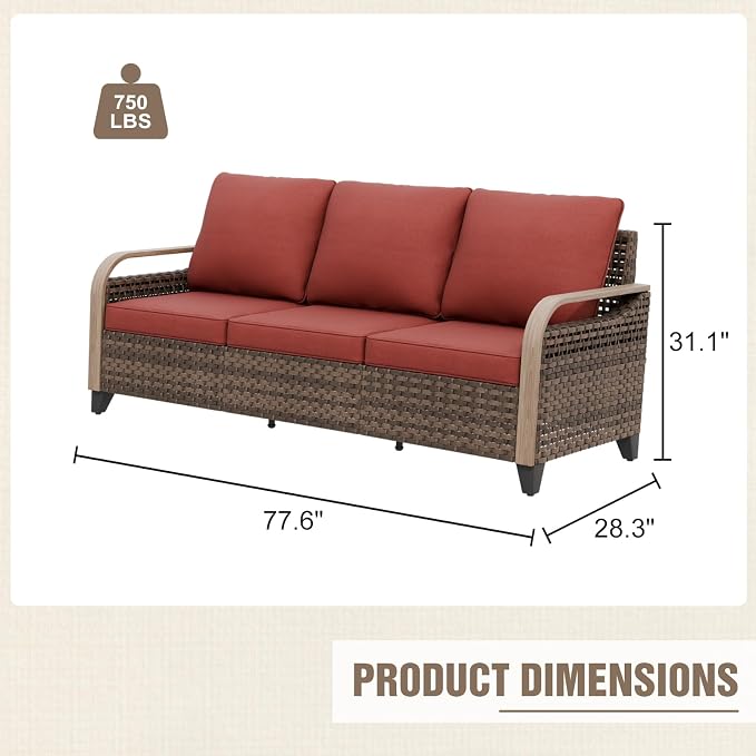 Modern Wicker Patio Sofa, Rattan Outdoor Couch for Small Balcony, 3 Seat Couch Furniture Set for Garden Deck Backyard, Brown/Red