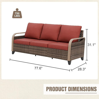 Modern Wicker Patio Sofa, Rattan Outdoor Couch for Small Balcony, 3 Seat Couch Furniture Set for Garden Deck Backyard, Brown/Red
