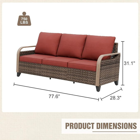 Modern Wicker Patio Sofa, Rattan Outdoor Couch for Small Balcony, 3 Seat Couch Furniture Set for Garden Deck Backyard, Brown/Red