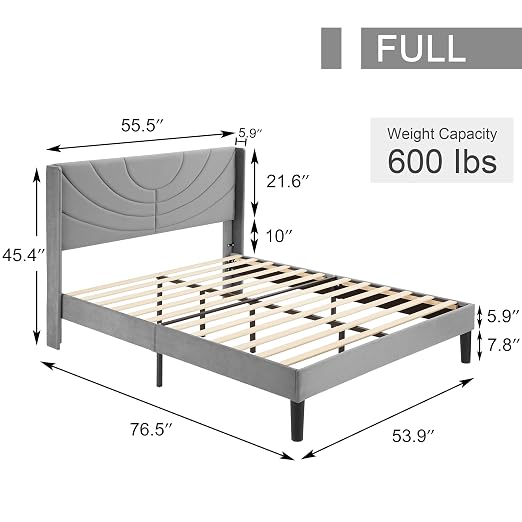 VECELO Upholstered Platform Full Bed Frame with Fabric Headboard,Wooden Slats Support/No Box Spring Needed/Mattress Foundation,Dark Grey