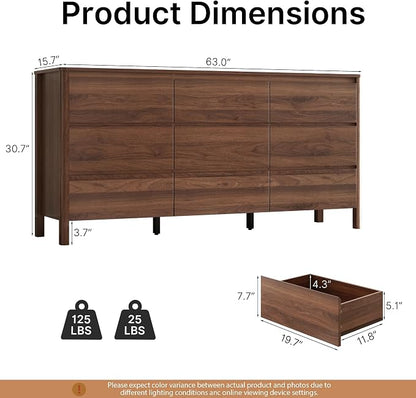 MAISONARIA Walnut 3-Piece Dresser Bedroom Set, 9 Drawers Dresser & 2 Drawer Nightstands with Hidden Handles, Wood Chest of Drawers for Bedroom, Living Room, Entryway