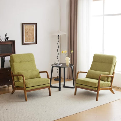 Karl home Accent Chair High Back Mid-Century Modern, Green | Corduroy Upholstered, Walnut Color Solid Rubber Wood Frame, Soft Cushion with Pillow, For Living Room, Bedroom, Balcony