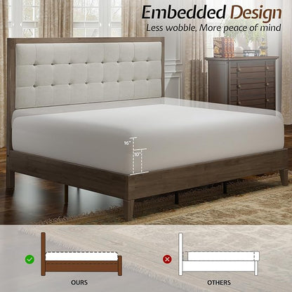 Jocisland Solid Wood King Size Bed Frame 50.2" Tall Upholstered Headboard, Mid-Century Style, Stable Platform Support, No Box Spring Needed, Ash Gray