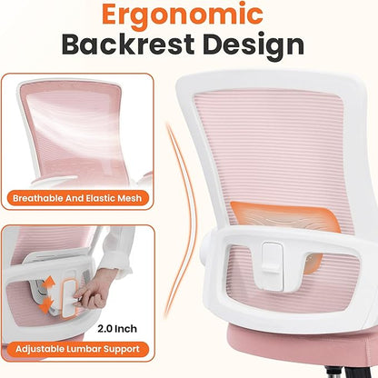 NEO Chair Office Desk Gaming Chair Computer High Back Mesh Seat with Rolling Wheels Ergonomic Adjustable Comfy Flip-up Armrests Lumbar Support Height for Home (Pink White Frame)