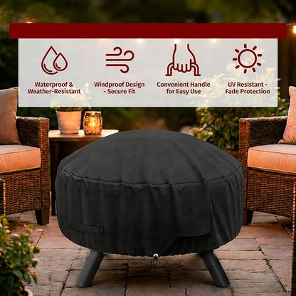 SHINESTAR Round Fire Pit Cover for 22-32 Inch Fire Pit - Waterproof and Windproof, with Straps and Built-in Vents, 32 Dia x 13.5 H, Black