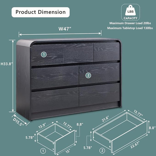 Aitjunz Modern 7 Drawers Dresser for Bedroom, 47" Wide Wood Dressers & Chests of Drawers w/Curved Profile Design, Mid Century Modern Dresser w/Natural Texture for Bedroom, Living Room, Black
