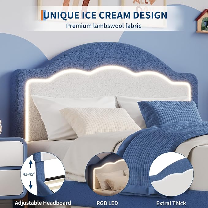 IDEALHOUSE Full Bed Frame with LED Headboard, Boucle Fabric Upholstered Platform Bed with LED Light for Kids, Girls, Wooden Slats Support, No Box Spring Needed, Blue