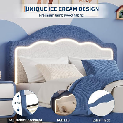 IDEALHOUSE Full Bed Frame with LED Headboard, Boucle Fabric Upholstered Platform Bed with LED Light for Kids, Girls, Wooden Slats Support, No Box Spring Needed, Blue