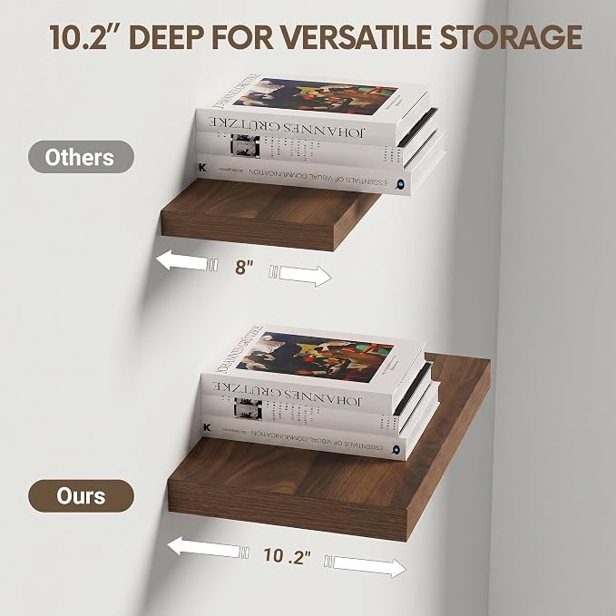 Vivelove 10.2 Inches Floating Shelves Wall Mounted, 10" Deep Wall Shelves for Bedroom, Bathroom, Living Room, Kitchen, Office, Home Decor, Modern Shelf, Set of 2, Walnut, 10.2x10.2x1.5