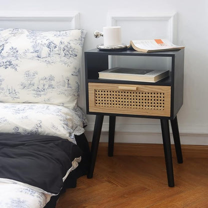 MaxSmeo End Table with Storage Mid Century Nightstand with Rattan Drawer and Shelf, Wood Small Side Coffee Table for Small Space, Living Room and Bedroom, Easy Assembly (Black)