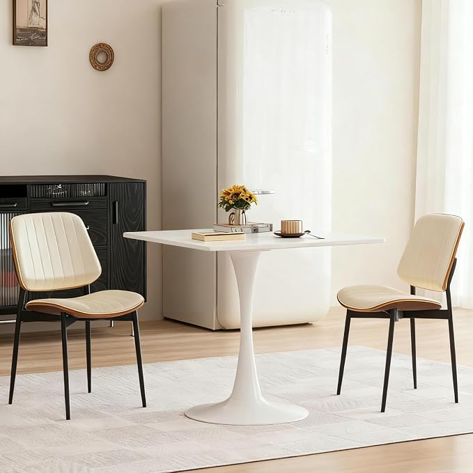 Square Dining Table, 31.5" Tulip Table with Thickened Tabletop & Metal Pedestal, Mid Century Modern Bistro Table for Kitchen, Small Places, Living Room, Cafe (White)