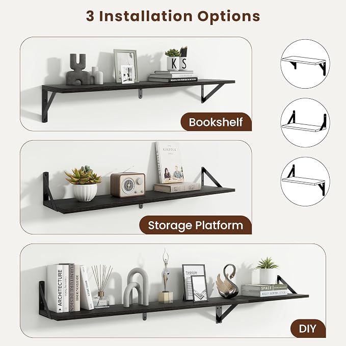 Axeman 36 Inch Floating Shelves | 8 Inch Deep Black Wall Shelves Set of 2 | 36''W x 8''D Rustic Black Wood Shelves for Bathroom Living Room Bedroom Kitchen