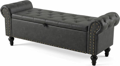 51" Storage Bench for Bedroom, Upholstered Ottoman Bench, Leather DarkGray | End of Bed Bench for Bedroom, Window Benches for Living Room, Entryway, Ottoman with Large Storage Space, Pet Friendly