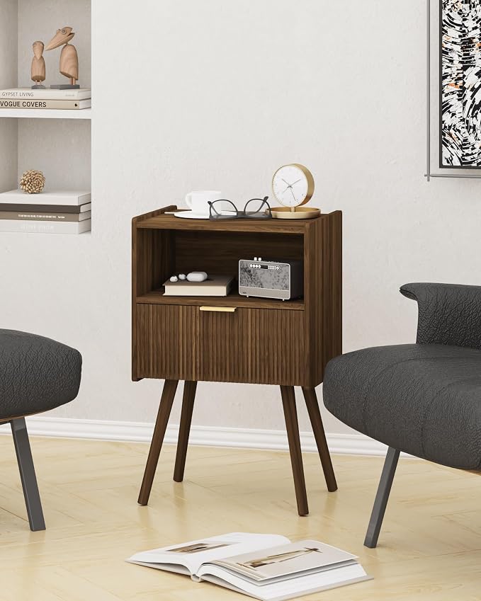 JOONEE Nightstand,Modern Bedside Table with Storage Drawer and Open Wood Shelf, for Living Room, Bedroom and Small Spaces, Accent Night Stand with Solid Wood Legs, Easy Assembly,Walnut Brown