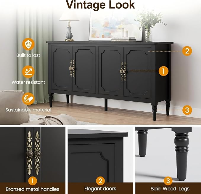 RoyalCraft 118" Buffet Cabinet with Storage, Vintage Sideboard with Adjustable Shelves, Mid Century Modern Painted Credenza Coffee Bar for Kitchen, Dining Room, Entryway, Living Room, Satin Black