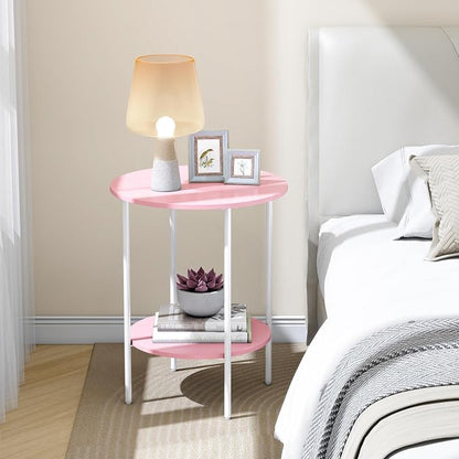 Side Table,Round End Table with 2 Storage Shelves| Compact Side Tables for Living Room, Couch, Gym, Office & Bedroom | Narrow Accent Table as Space-Saving Small Bedside Table 18x18x22in(Pink)