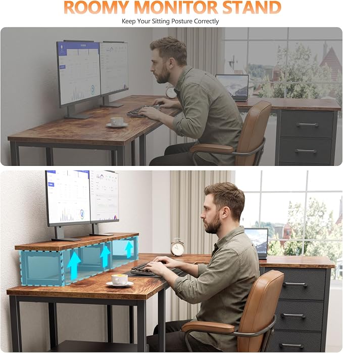Korfile 59 inch L Shaped Computer Desk with Power Outlets, Home Office Desk with 4 Adjustable Storage Drawers & 2 Monitor Stands, Two Person Gaming Table for Bedroom, Rustic Brown
