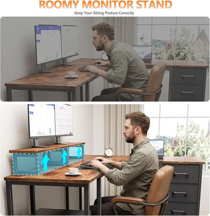 Korfile 59 inch L Shaped Computer Desk with Power Outlets, Home Office Desk with 4 Adjustable Storage Drawers & 2 Monitor Stands, Two Person Gaming Table for Bedroom, Rustic Brown
