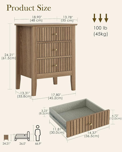 Fluted Nightstand, Vintage Night Stand with 3 Drawers, Mid Century Modern Side Accent Table,Bedside End Table for Bedroom, Living Room, Natural