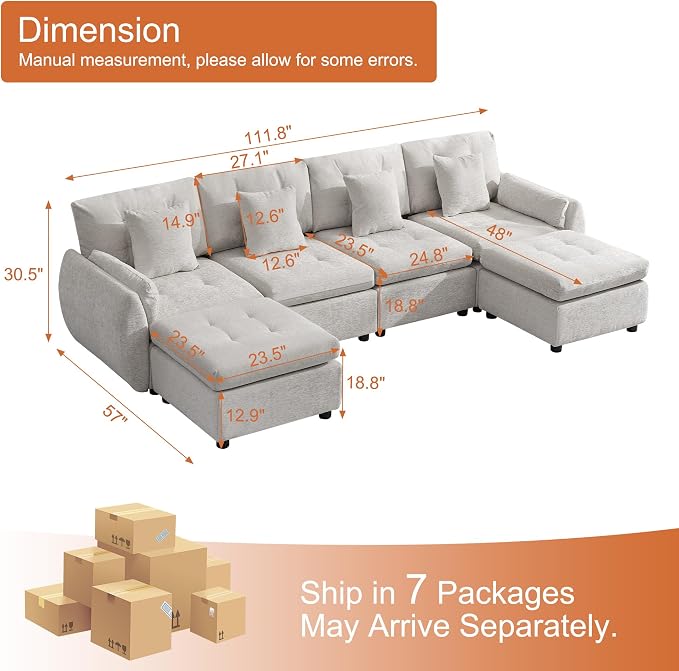 112" U Shaped Modular Sectional Cloud Sofa with 2 Ottomans, Oversized Deep Seat Tufted Chenille 6-Seater Couch with Curved Arms, Upholstered Sofas for Living Room, Light Grey