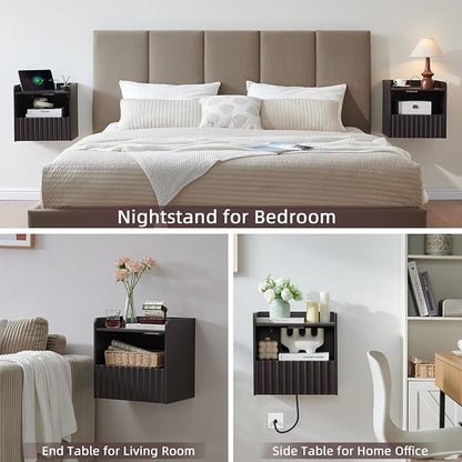 BuildHom Modern Fluted Floating Nightstand Wall Mounted Set of 2- Bedside Table with Storage Drawer & Display Shelf, Minimalist Bedroom Furniture for Studio Apartments(Espresso)