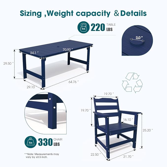THOEOE 7 Piece Outdoor Dining Set, Patio Dining Table and 6 Chairs, All-Aluminum Frame, All-Weather HDPE Outdoor Furniture with Umbrella Hole for Garden, Lawn, Poolside, Navy Blue