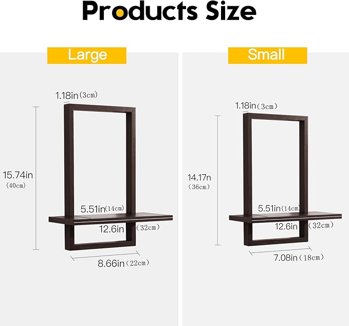 PHOENANCEE Square Floating Shelves,Wall Plants Holder,Bathroom Wall Decor,Framed Decorative Shelf Black,Modern Chic Set of 2 for Living Room Bedroom Home Office,Soild Wood,L+S(Walnut