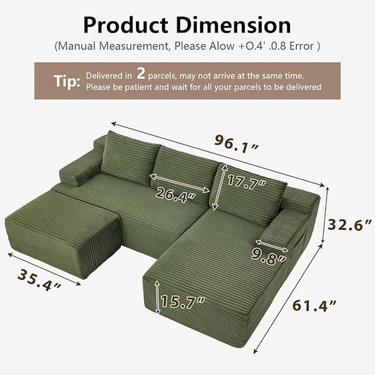 96" Cloud Sectional Couch U-Shaped Chaise with Ottoman, Corduroy Boneless Couch for Living Room Bedroom, Deep-Seat Upholstered Modular Cloud Sofa, No Assembly Required (Green, Right Facing Chaise)