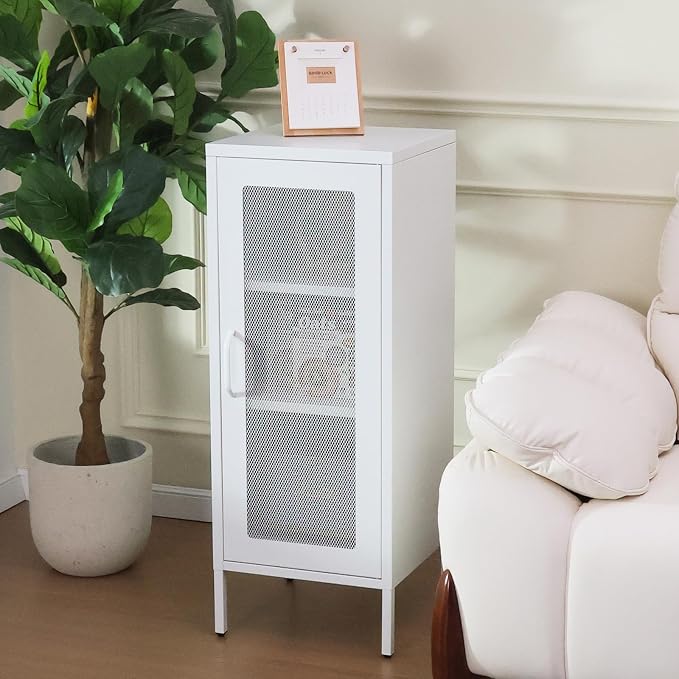 Slim Metal Storage Cabinet with Mesh Doors - 42'' Tall Narrow Organizer Tower, Compact Freestanding Cabinet, Versatile Utility Storage for Home, Office, Kitchen, Living Room, Durable and Modern Design