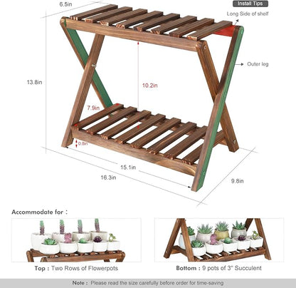 Small Plant Stand Shelf Indoor 2 Tier Desk Table Top Flower Succulent Stand | Wood Windowsill Plant Shelf Holder Desktop Mini Cactus Stands Rack for Kitchen,Window,Countertop (X-2 Design)
